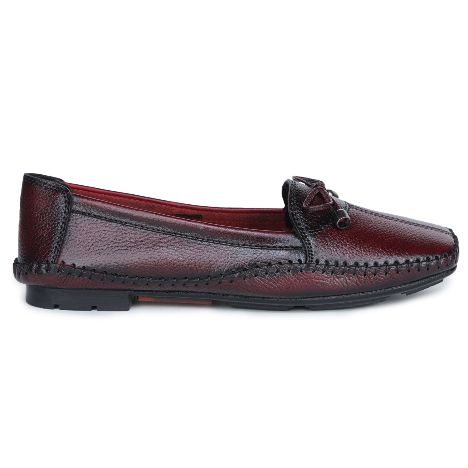 Women’s Maroon Textured Leather Slip-On Bellies - 2651