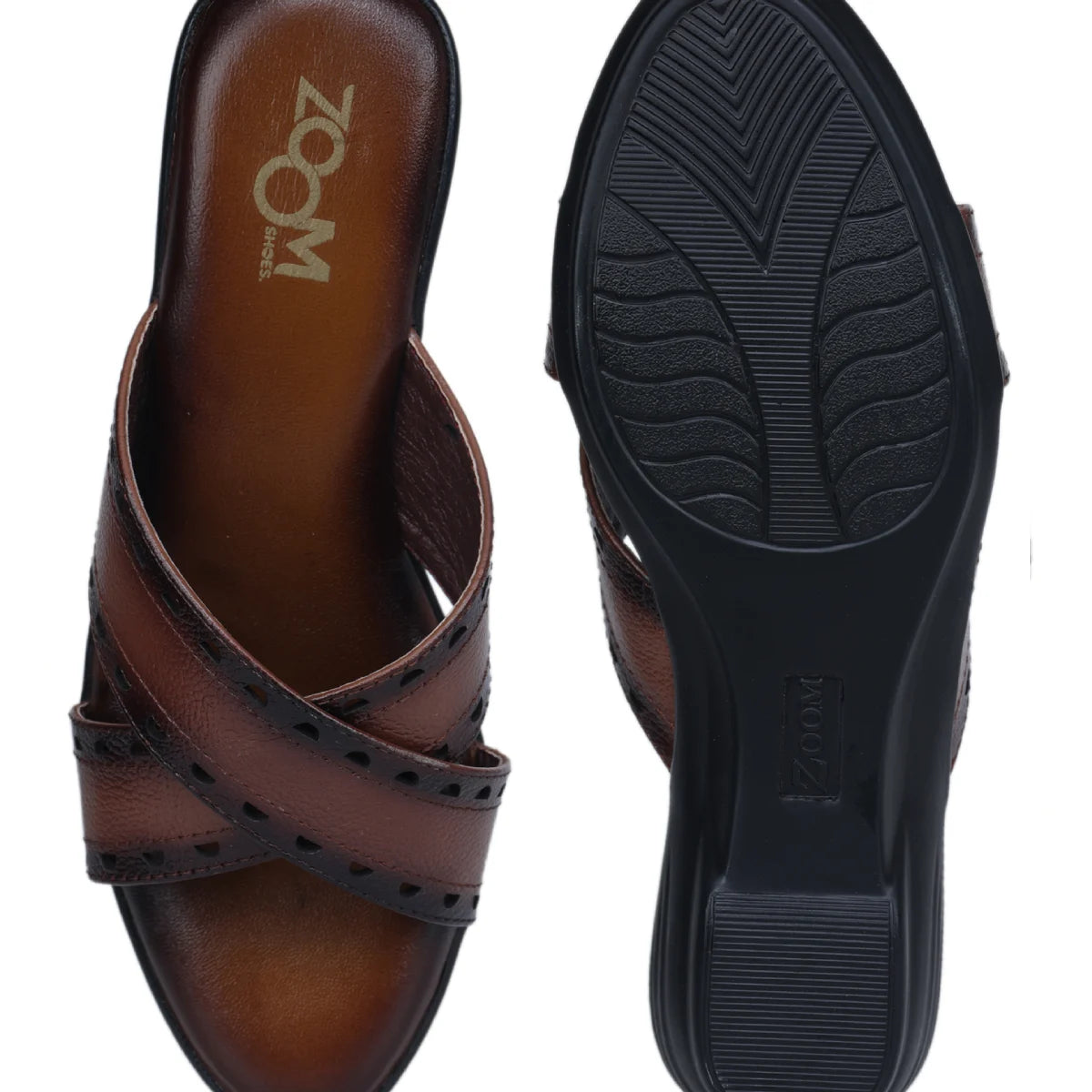 Women’s Leather Slippers 9145 – Gradient Texture with Brogue Detailing & Wedge Heel - Zoom Shoes India