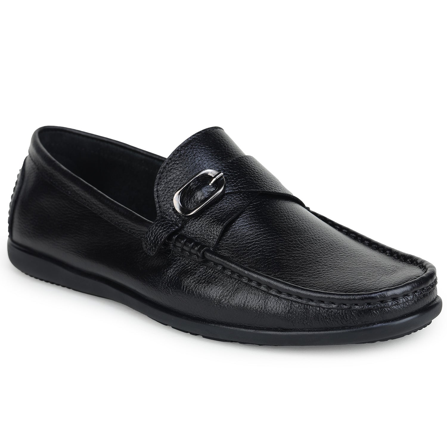 Men’s Genuine Leather Textured Loafers with Metal Buckle - 9615