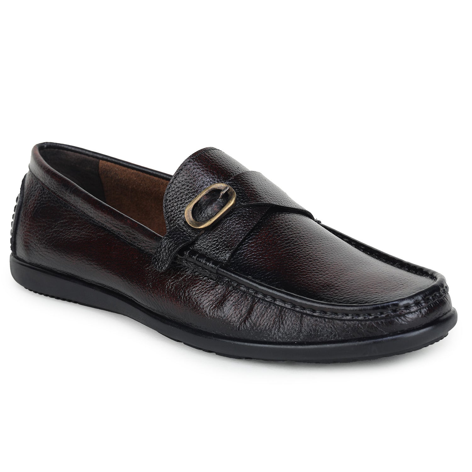 Men’s Genuine Leather Textured Loafers with Metal Buckle - 9615