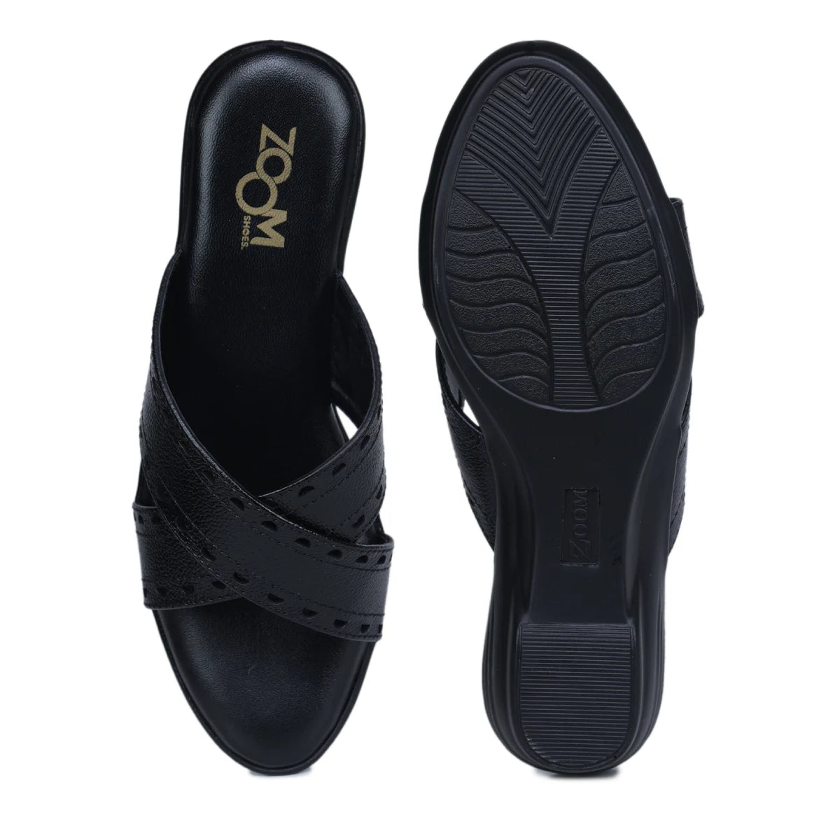 Women’s Leather Slippers 9145 – Gradient Texture with Brogue Detailing & Wedge Heel - Zoom Shoes India