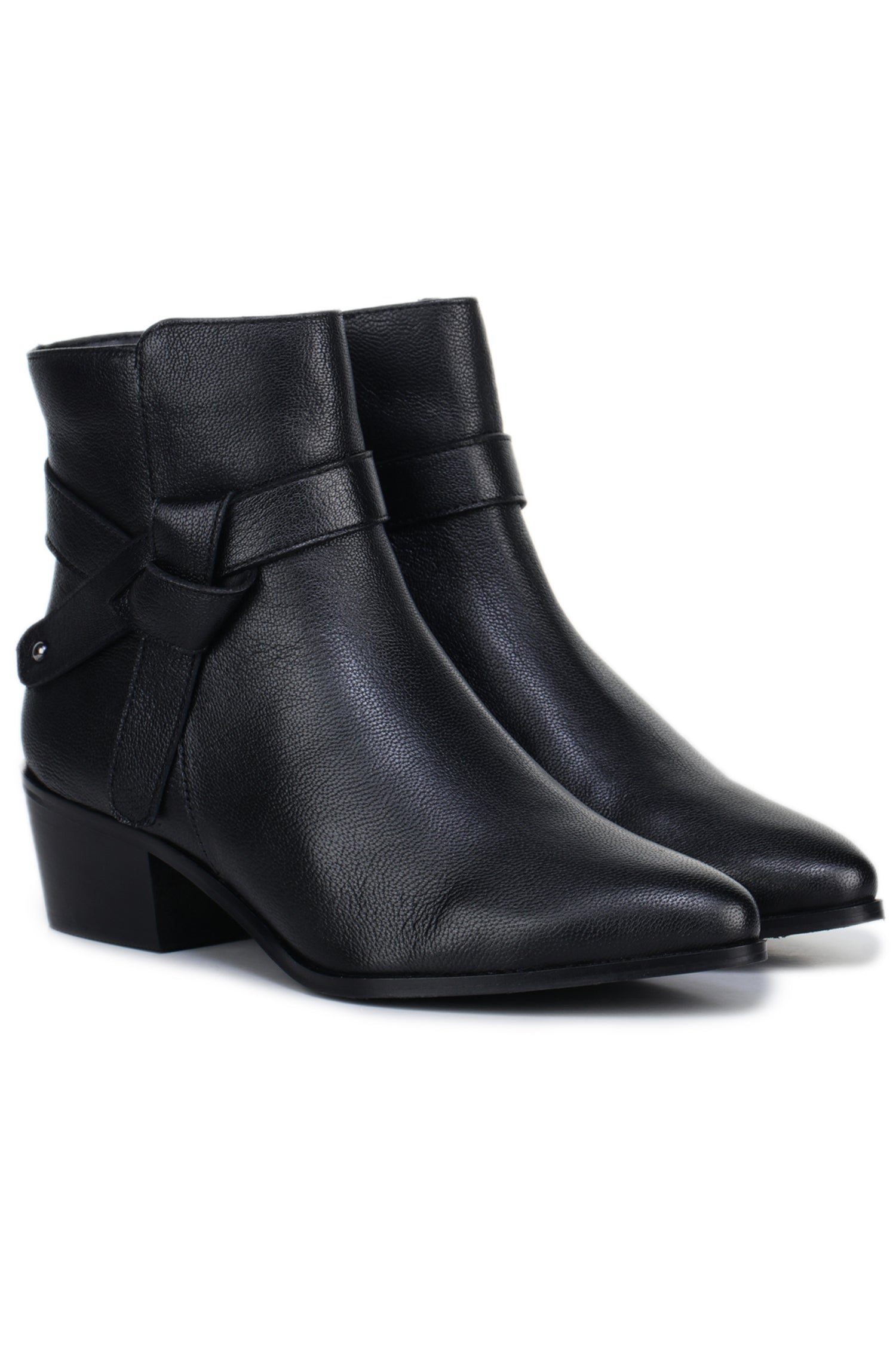 Women’s High-Ankle Genuine Leather Zip Boots with Strap Detail – Black - 1033