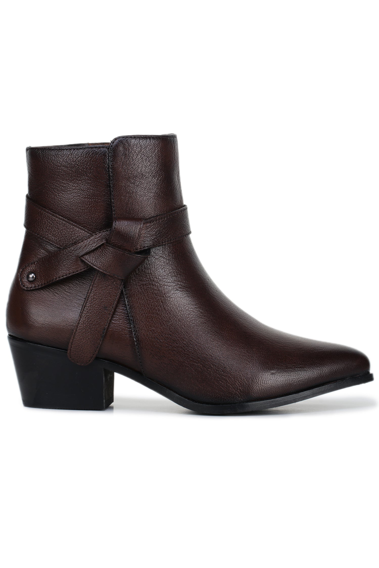Women’s High-Ankle Genuine Leather Zip Boots with Strap Detail – Black - 1033