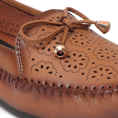 Zoom Shoes Genuine Leather Women Bellies With Floral Brogue Pattern