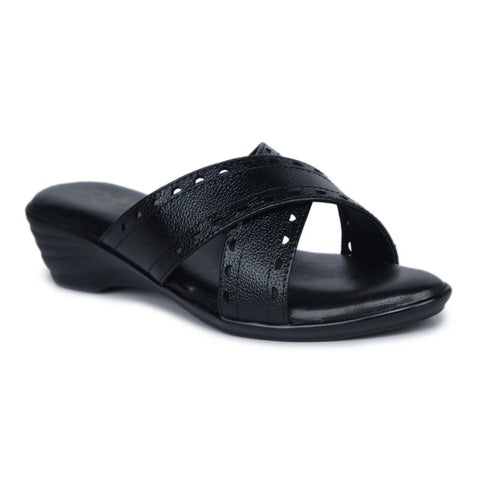 Women’s Leather Slippers 9145 – Gradient Texture with Brogue Detailing & Wedge Heel