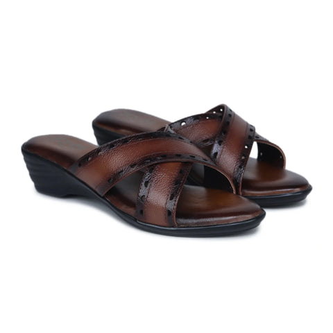 Women’s Leather Slippers 9145 – Gradient Texture with Brogue Detailing & Wedge Heel