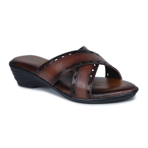 Women’s Leather Slippers 9145 – Gradient Texture with Brogue Detailing & Wedge Heel