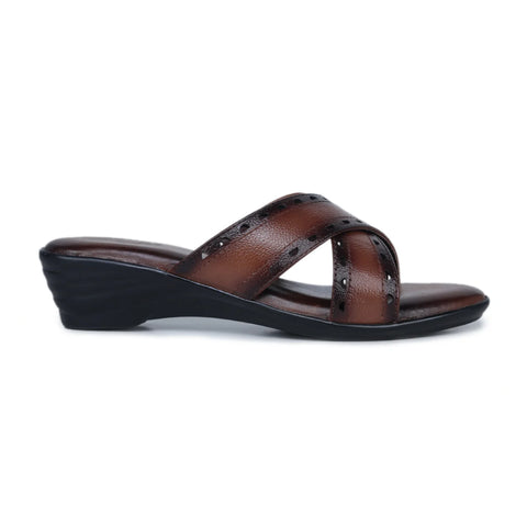 Women’s Leather Slippers 9145 – Gradient Texture with Brogue Detailing & Wedge Heel