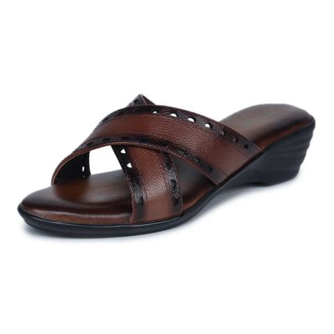 Women’s Leather Slippers 9145 – Gradient Texture with Brogue Detailing & Wedge Heel