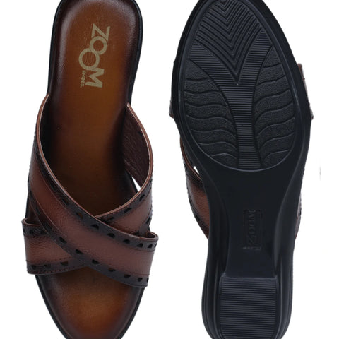 Women’s Leather Slippers 9145 – Gradient Texture with Brogue Detailing & Wedge Heel