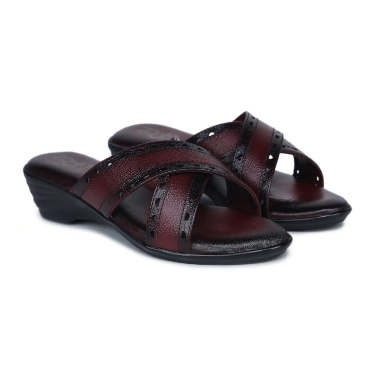 Women’s Leather Slippers 9145 – Gradient Texture with Brogue Detailing & Wedge Heel - Zoom Shoes India