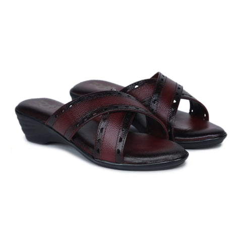 Women’s Leather Slippers 9145 – Gradient Texture with Brogue Detailing & Wedge Heel