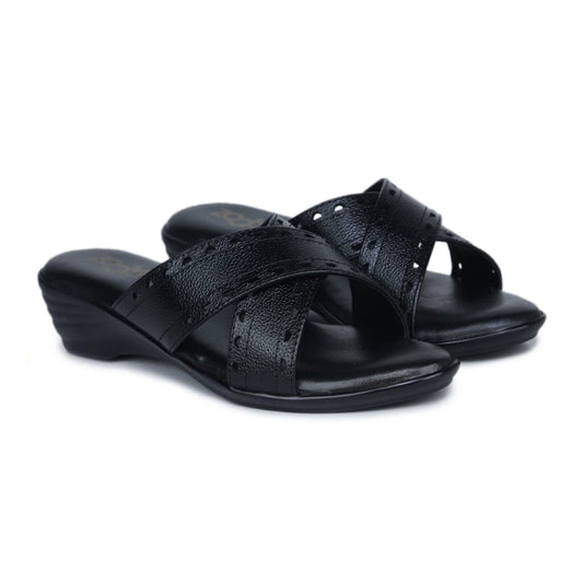 Women’s Leather Slippers 9145 – Gradient Texture with Brogue Detailing & Wedge Heel