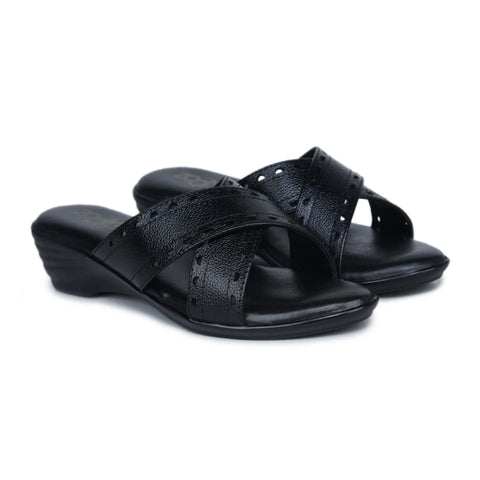 Women’s Leather Slippers 9145 – Gradient Texture with Brogue Detailing & Wedge Heel