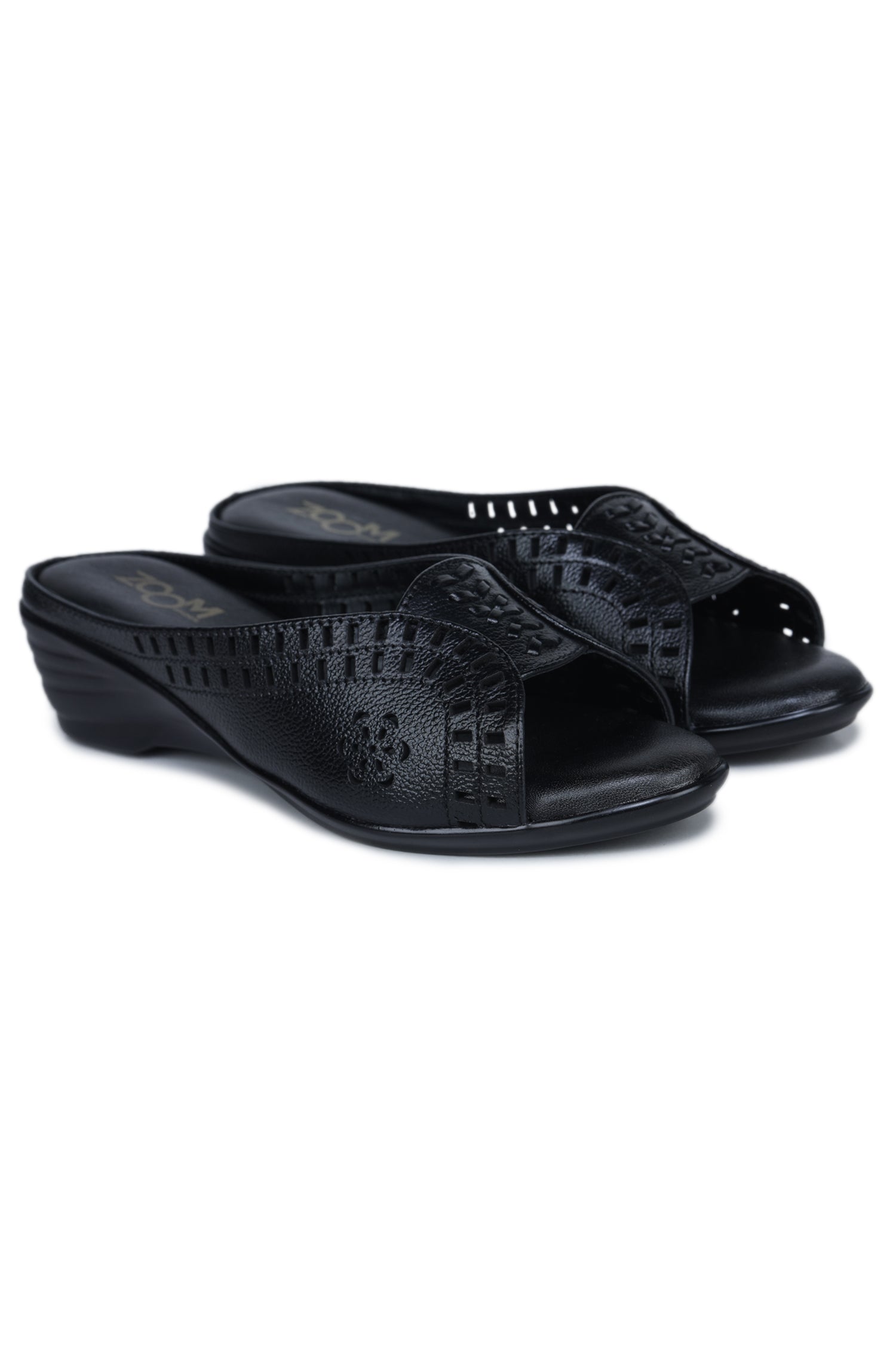Women’s Genuine Leather Slip-On Casual Sandals with Textured Cut-Work – Black - 9135