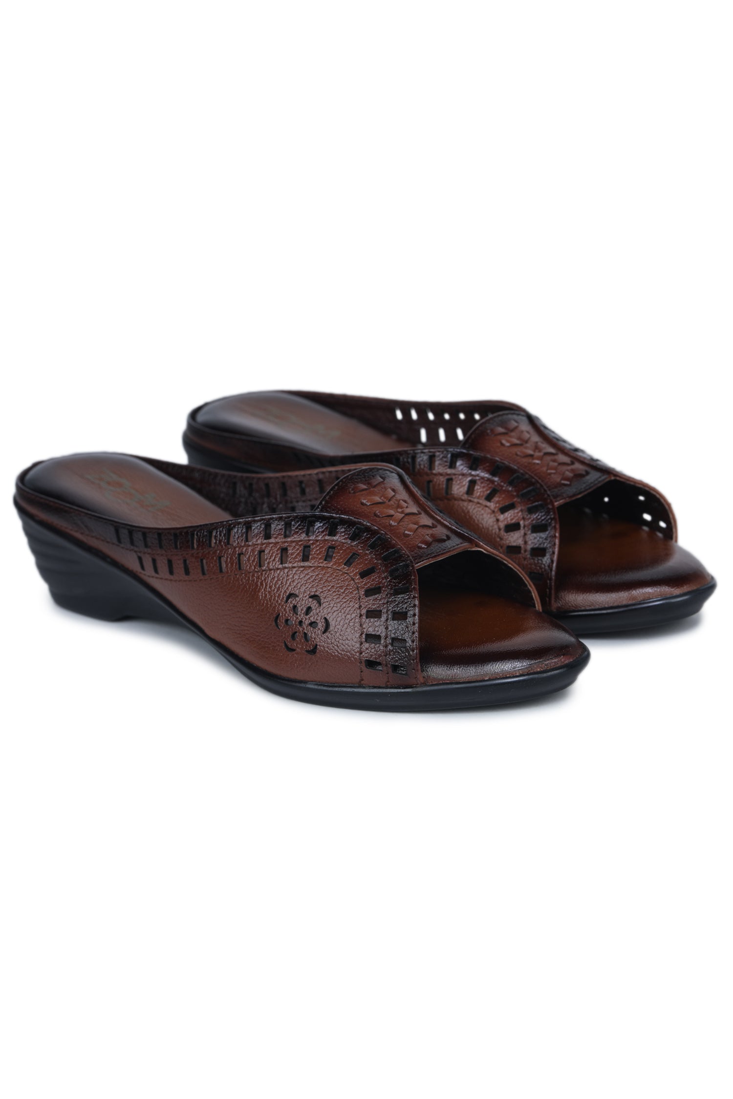 Women’s Genuine Leather Slip-On Casual Sandals with Textured Cut-Work – Black - 9135