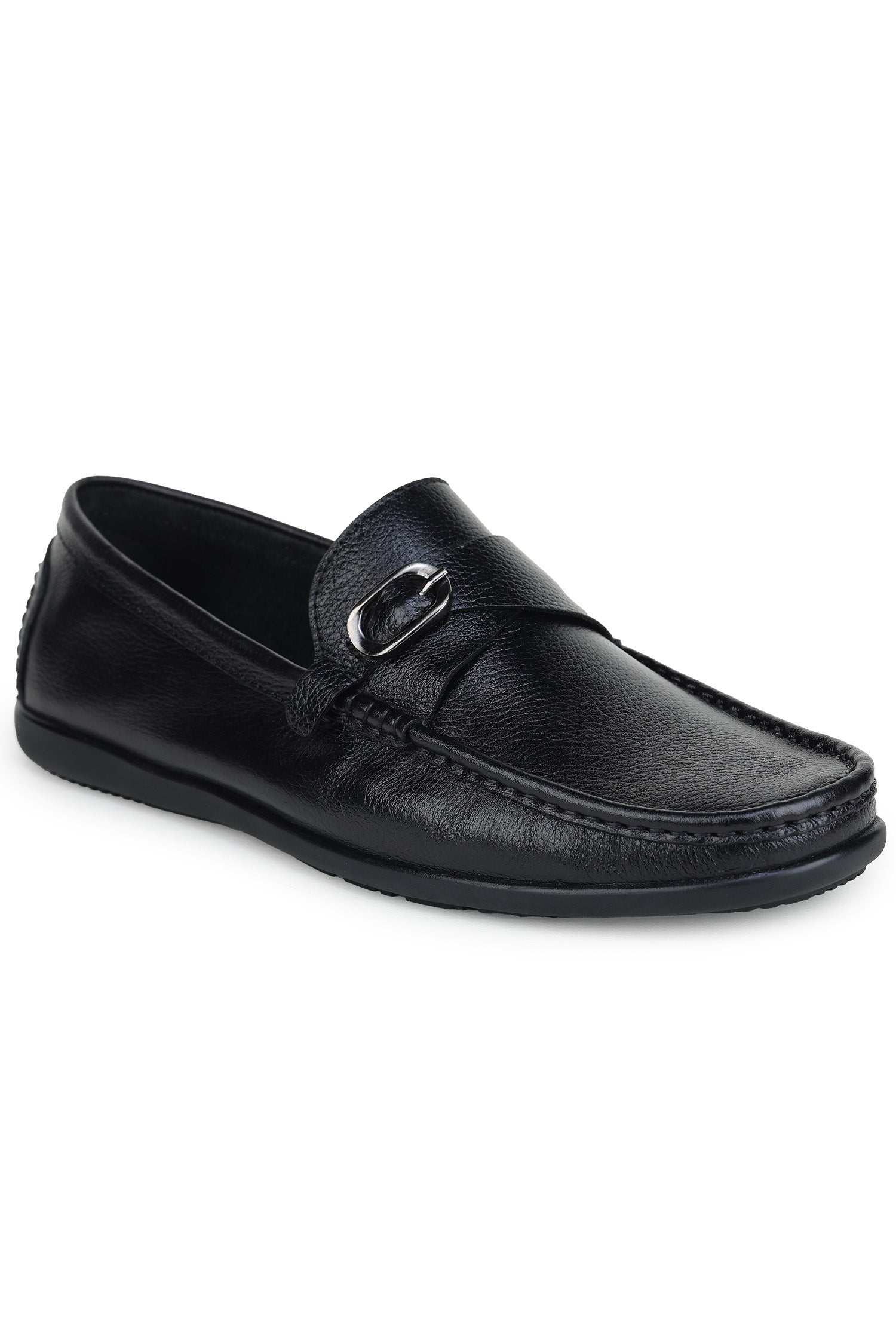 Men’s Genuine Leather Textured Loafers with Metal Buckle - 9615