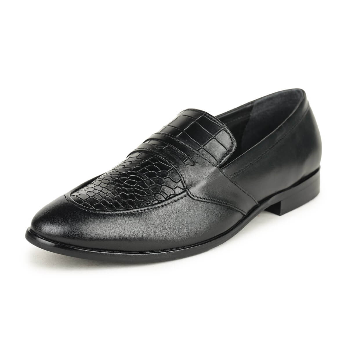textured black slip on formal shoes