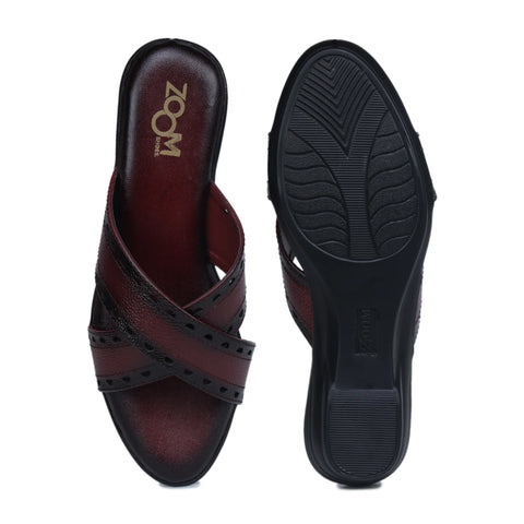 Women’s Leather Slippers 9145 – Gradient Texture with Brogue Detailing & Wedge Heel